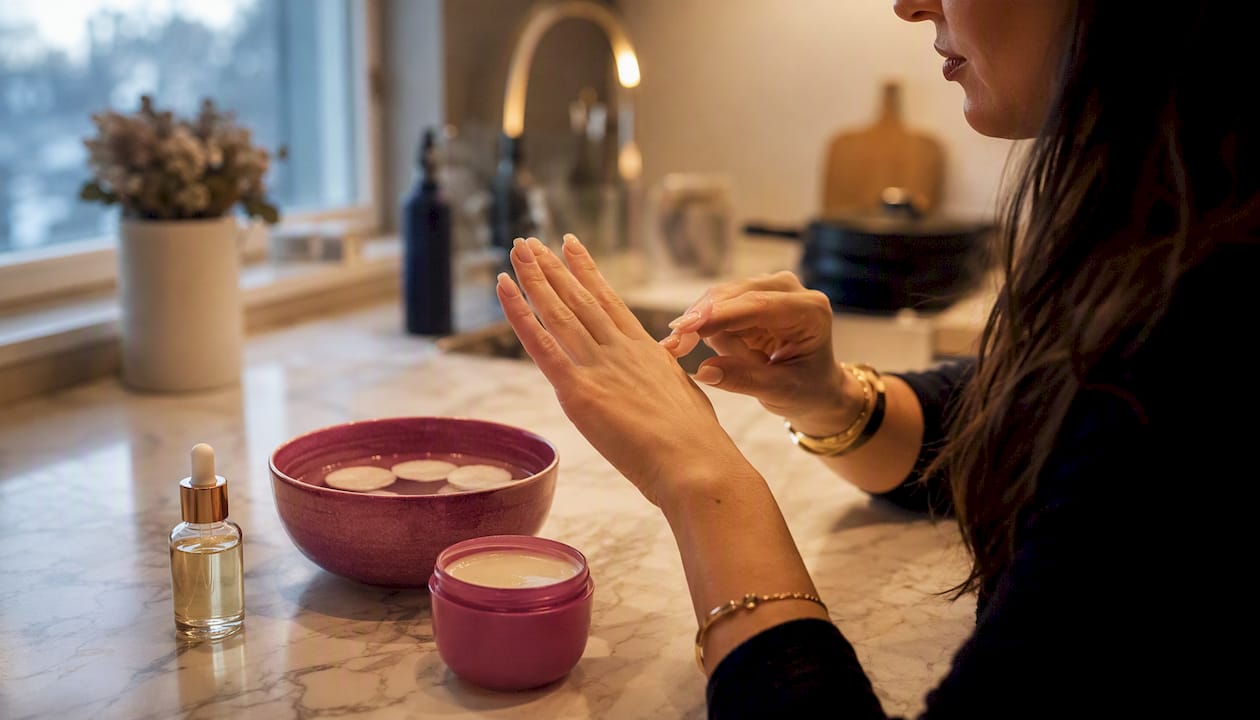 Handen die thuis de nagels voorbereiden voor een gelmanicure