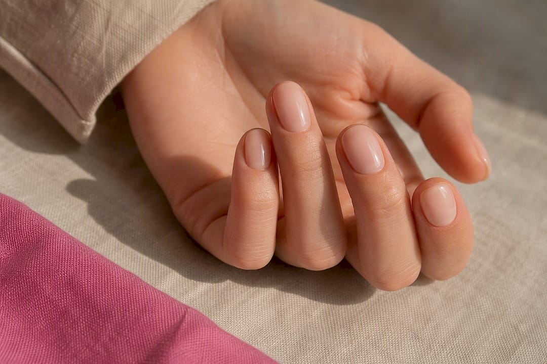 Hand met korte, glanzende BIAB-nagels